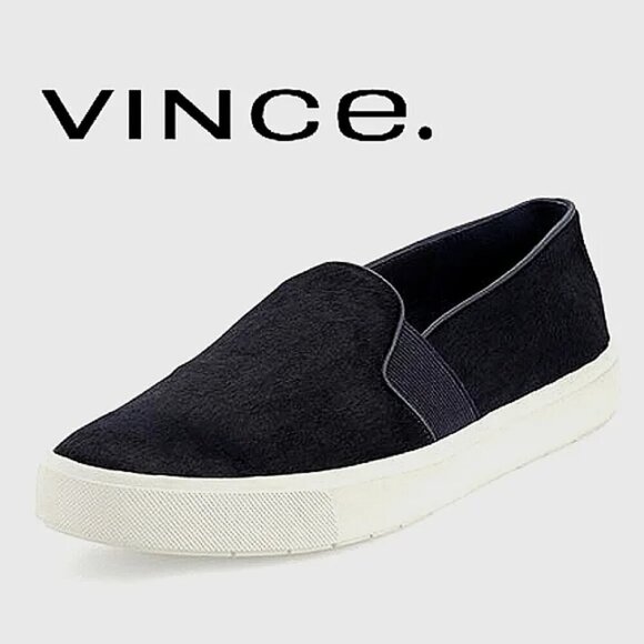 VINCE Blair Calf Hair Slip-On Elastic Gore Black Flatform Sneakers Sz 5M EUR 35 - Picture 1 of 12